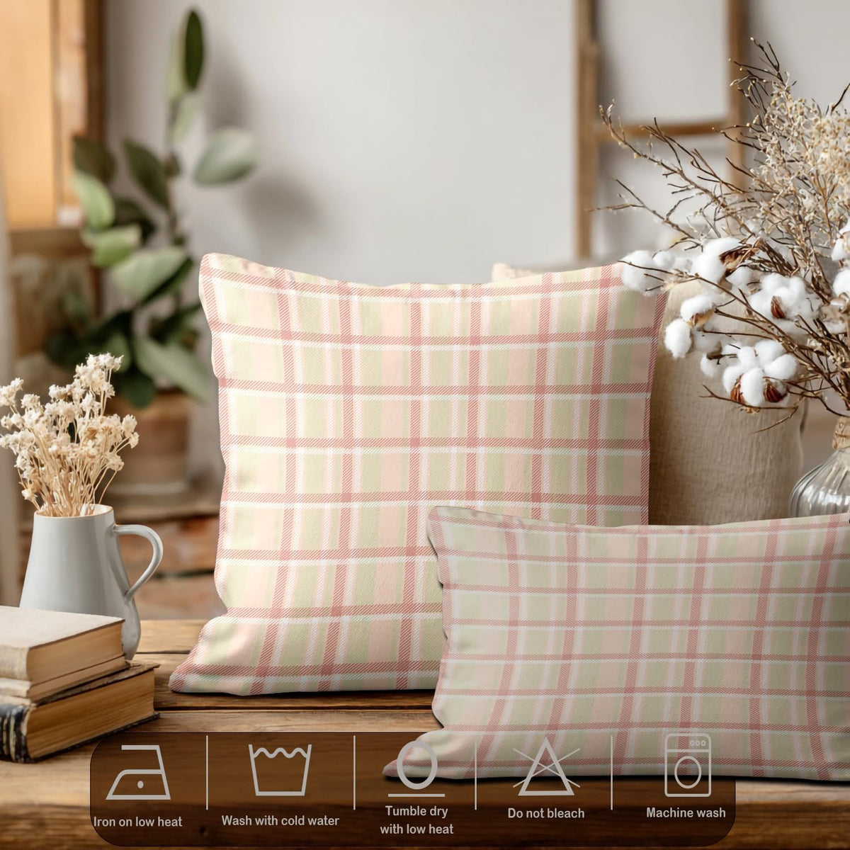 Pastel Coral Peach Throw Pillow Covers, Pink Tartan Plaid Abstract Apricot Decorative Pillow Covers Digital Printing Blended for Couch Sofa Bed Invisible Zipper 12X20 in(Set of 2)
