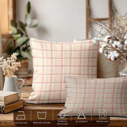 Pastel Coral Peach Throw Pillow Covers, Pink Tartan Plaid Abstract Apricot Decorative Pillow Covers Digital Printing Blended for Couch Sofa Bed Invisible Zipper 12X20 in(Set of 2)