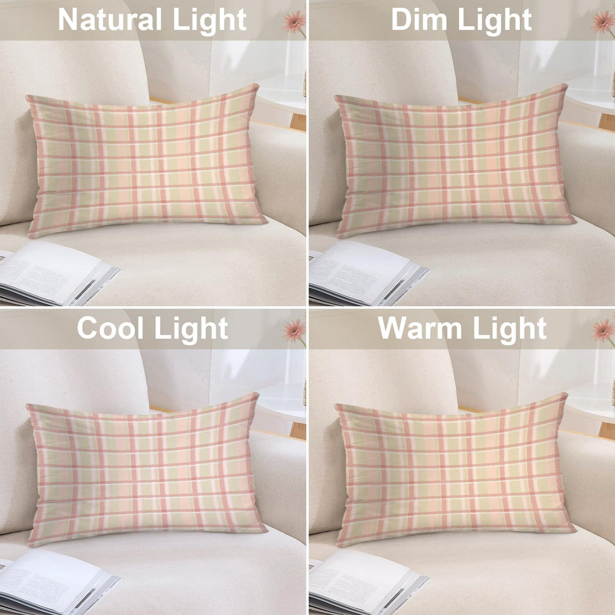 Pastel Coral Peach Throw Pillow Covers, Pink Tartan Plaid Abstract Apricot Decorative Pillow Covers Digital Printing Blended for Couch Sofa Bed Invisible Zipper 12X20 in(Set of 2)