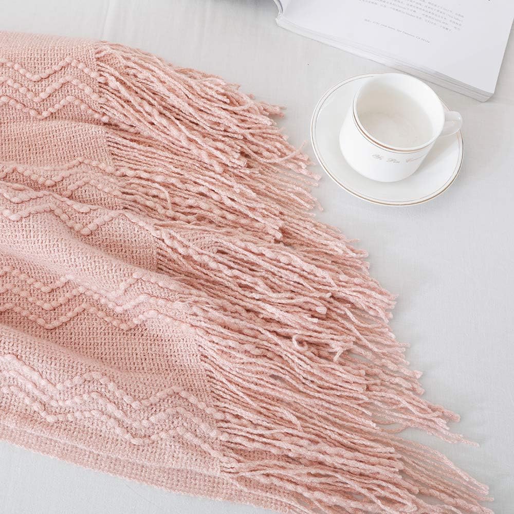 Pink Throw Blanket 50x60 Inch Boho Knitted Soft Throw Sofa Blanket