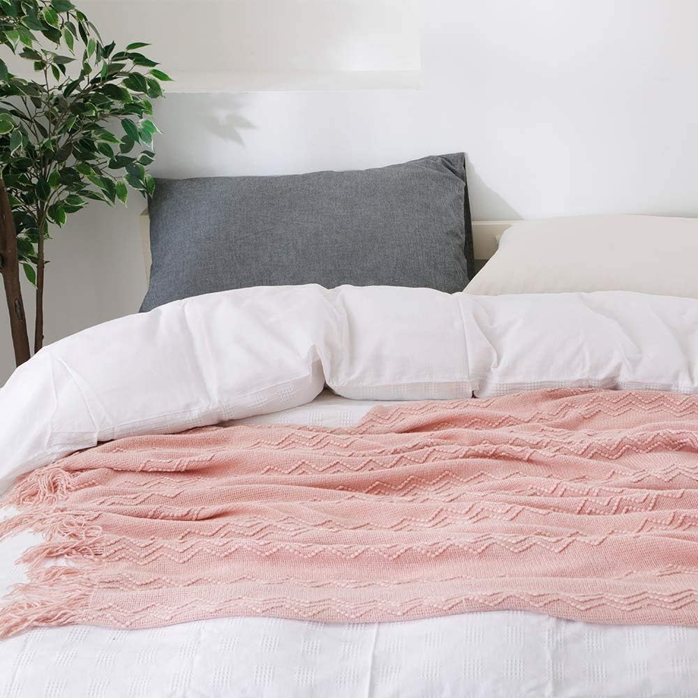Pink Throw Blanket 50x60 Inch Boho Knitted Soft Throw Sofa Blanket