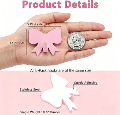 8 Pcs Cute Adhesive Wall Hooks,Small Kawaii Bow Knot Decor Hook for Hanging