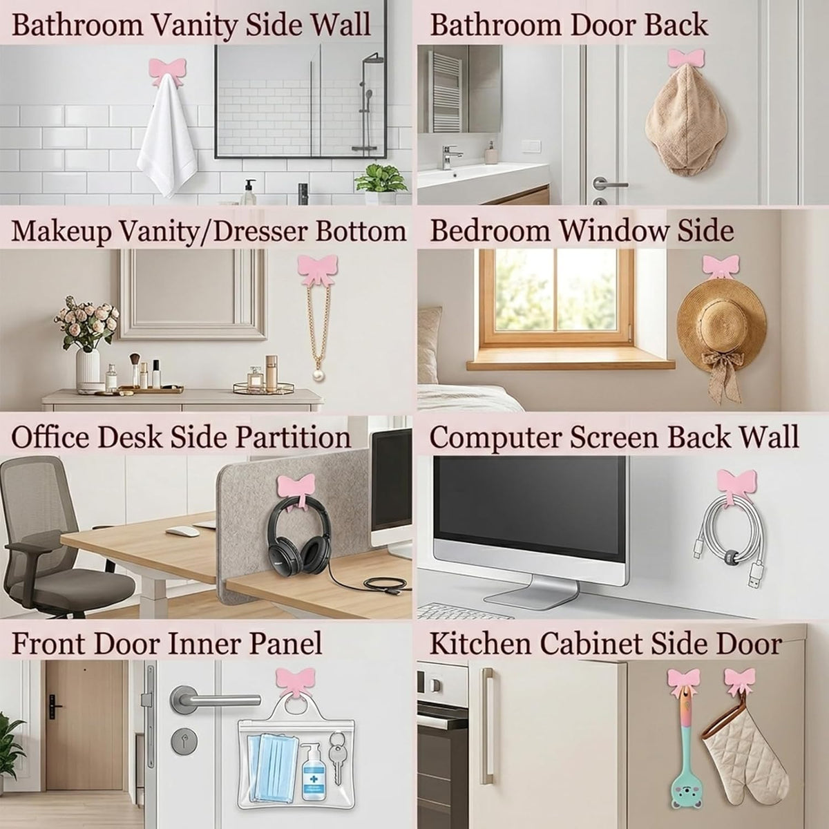 8 Pcs Cute Adhesive Wall Hooks,Small Kawaii Bow Knot Decor Hook for Hanging