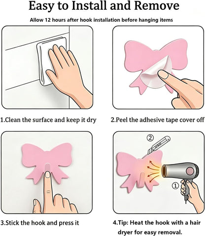 8 Pcs Cute Adhesive Wall Hooks,Small Kawaii Bow Knot Decor Hook for Hanging