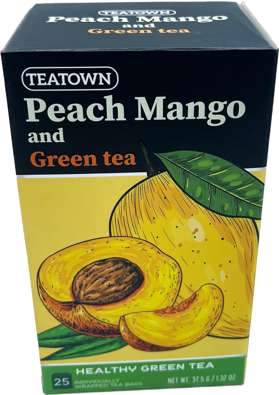 Premium Caffeinated Ceylon Peach Mango Green Tea Bags: 25 Count Individually Wrapped Teabags All-Natural Exotic Fruit Essence & Aroma Hot or Iced Tea Brew (25-Pack)