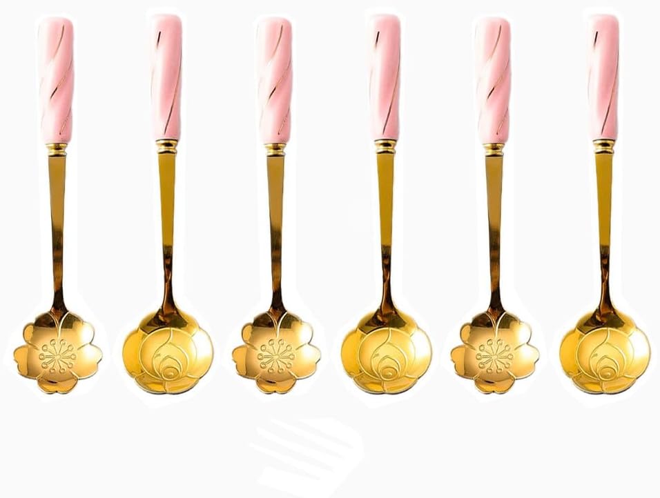 6 Piece Set -12cm/4.7 Inch Stainless Steel Spoon Creative Marble Dessert Ice Cream Spoon Rice Spoon Soup Spoon Coffee Spoon (Pink Gold)