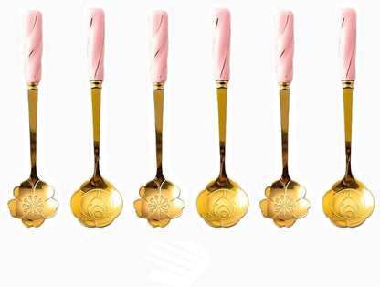 6 Piece Set -12cm/4.7 Inch Stainless Steel Spoon Creative Marble Dessert Ice Cream Spoon Rice Spoon Soup Spoon Coffee Spoon (Pink Gold)