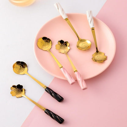 6 Piece Set -12cm/4.7 Inch Stainless Steel Spoon Creative Marble Dessert Ice Cream Spoon Rice Spoon Soup Spoon Coffee Spoon (Pink Gold)