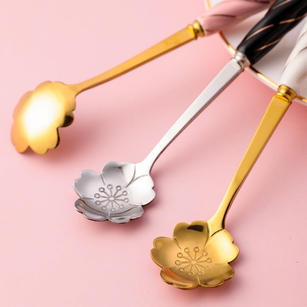 6 Piece Set -12cm/4.7 Inch Stainless Steel Spoon Creative Marble Dessert Ice Cream Spoon Rice Spoon Soup Spoon Coffee Spoon (Pink Gold)