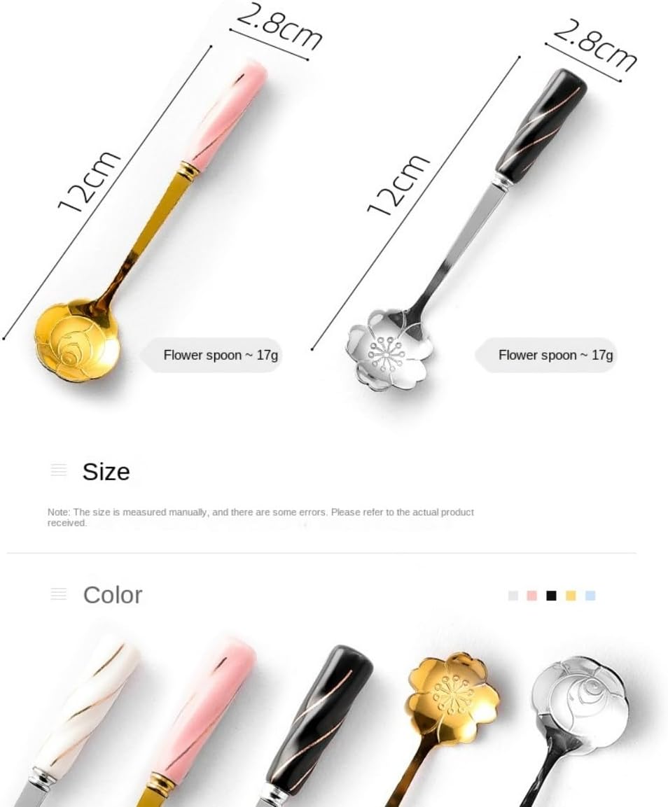 6 Piece Set -12cm/4.7 Inch Stainless Steel Spoon Creative Marble Dessert Ice Cream Spoon Rice Spoon Soup Spoon Coffee Spoon (Pink Gold)