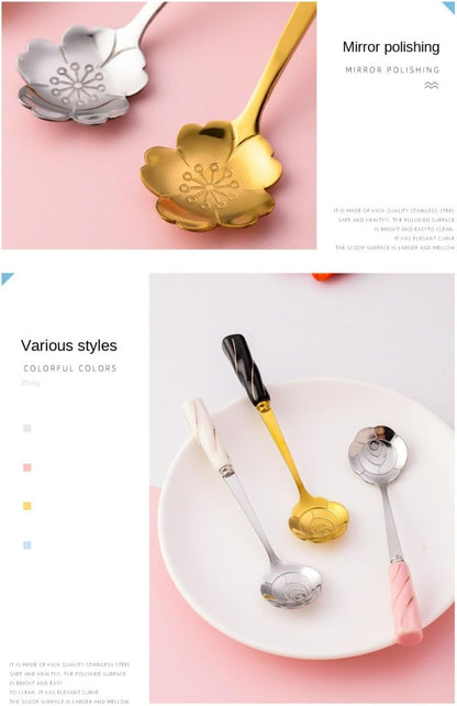 6 Piece Set -12cm/4.7 Inch Stainless Steel Spoon Creative Marble Dessert Ice Cream Spoon Rice Spoon Soup Spoon Coffee Spoon (Pink Gold)