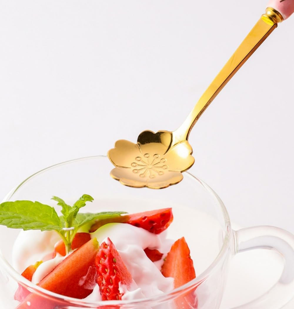 6 Piece Set -12cm/4.7 Inch Stainless Steel Spoon Creative Marble Dessert Ice Cream Spoon Rice Spoon Soup Spoon Coffee Spoon (Pink Gold)