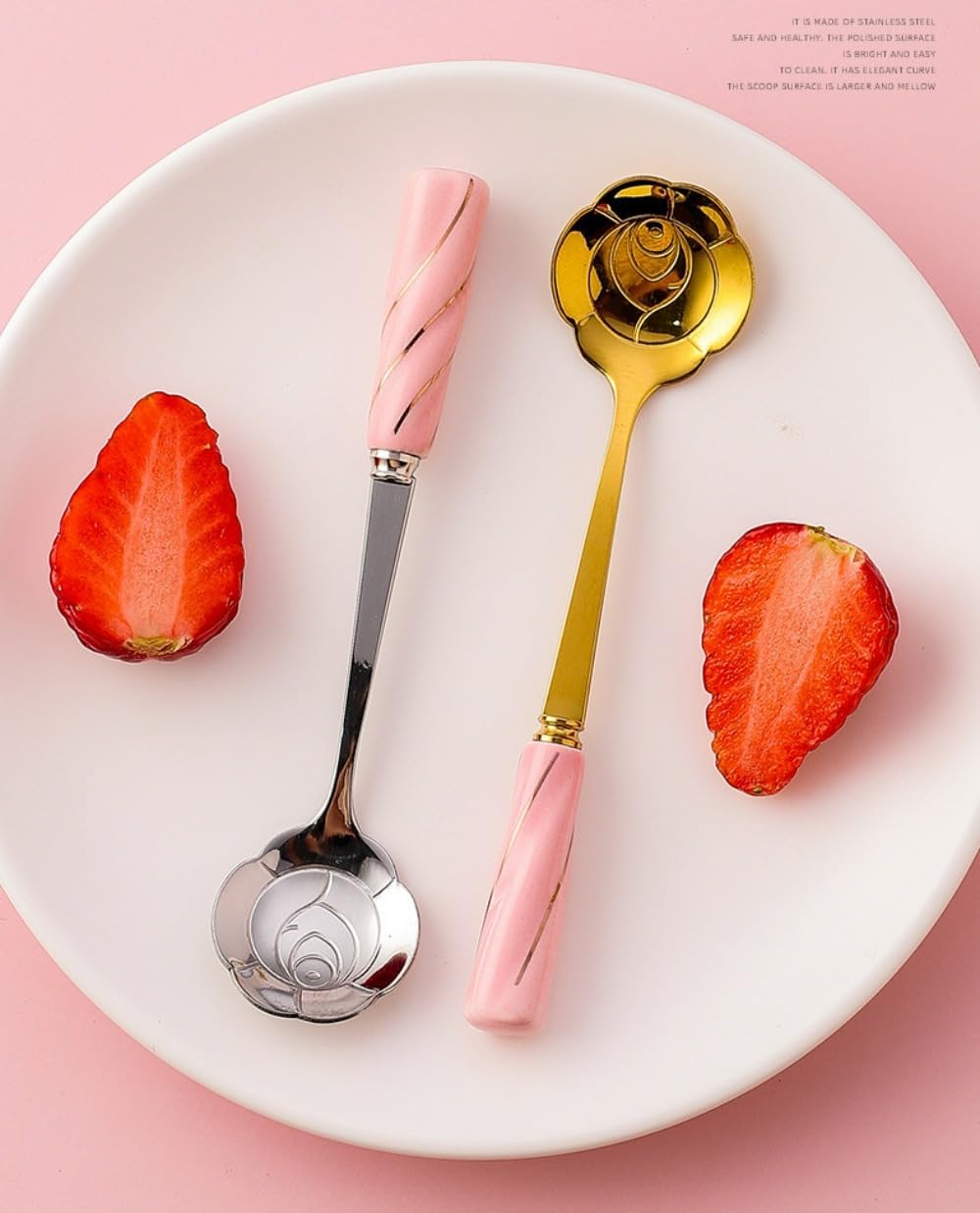 6 Piece Set -12cm/4.7 Inch Stainless Steel Spoon Creative Marble Dessert Ice Cream Spoon Rice Spoon Soup Spoon Coffee Spoon (Pink Gold)