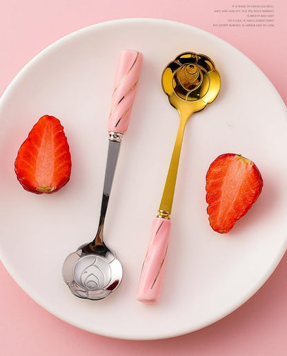 6 Piece Set -12cm/4.7 Inch Stainless Steel Spoon Creative Marble Dessert Ice Cream Spoon Rice Spoon Soup Spoon Coffee Spoon (Pink Gold)