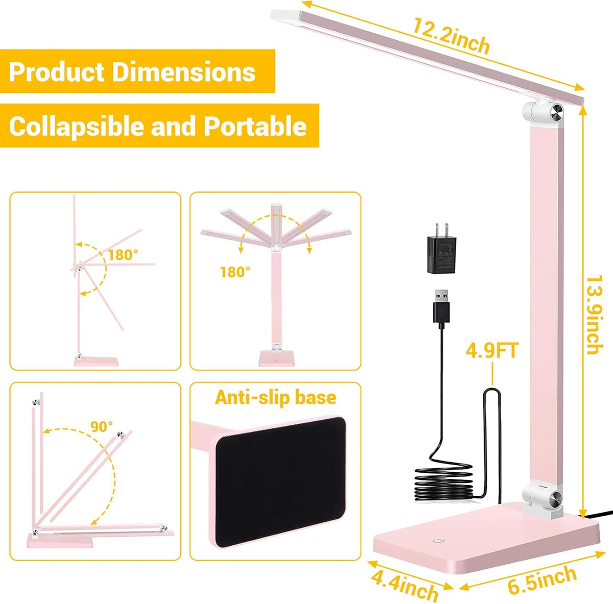 LED Desk Lamp for Home Office, 3 Levels Dimmable Desk Light with USB Charging Port, Reading Lamp for Table Study Work Office Nail Craft Puzzle, Pink, 5000K