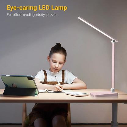 LED Desk Lamp for Home Office, 3 Levels Dimmable Desk Light with USB Charging Port, Reading Lamp for Table Study Work Office Nail Craft Puzzle, Pink, 5000K