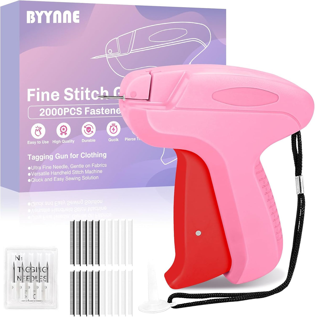 Stitch Gun for Clothes - Handheld Quick Clothing Fixer - Tagging Gun for Clothing, Sewing Kit - Includes 6 Fine Needles, 1000 White & 1000 Black Fasteners (Pink Red)