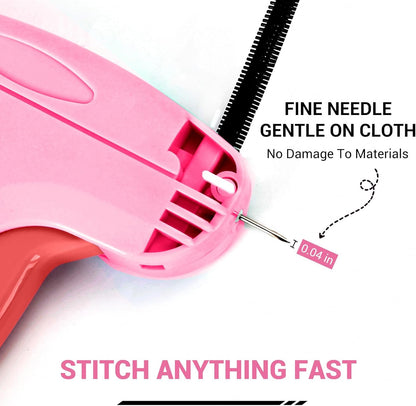 Stitch Gun for Clothes - Handheld Quick Clothing Fixer - Tagging Gun for Clothing, Sewing Kit - Includes 6 Fine Needles, 1000 White & 1000 Black Fasteners (Pink Red)
