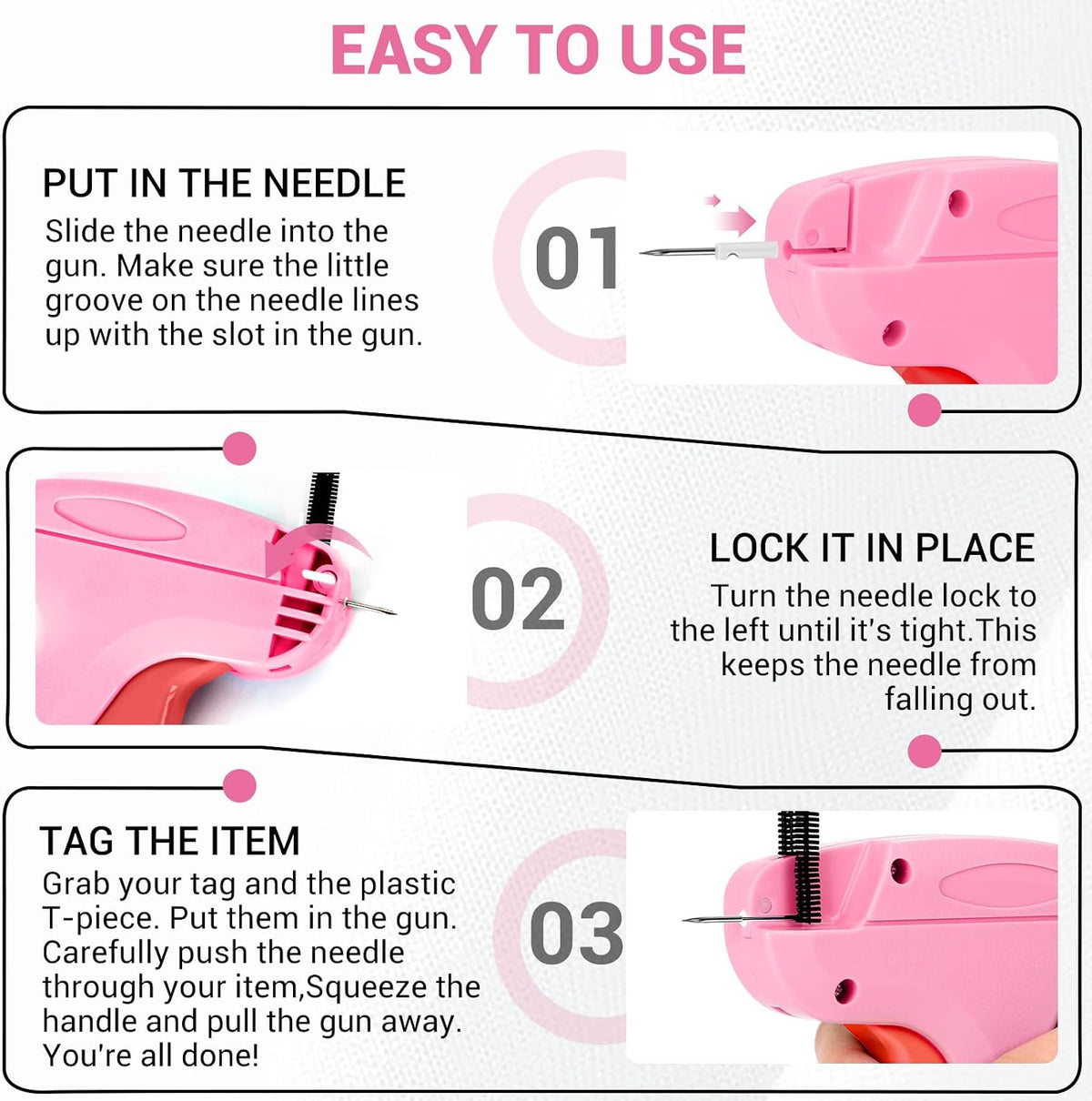 Stitch Gun for Clothes - Handheld Quick Clothing Fixer - Tagging Gun for Clothing, Sewing Kit - Includes 6 Fine Needles, 1000 White & 1000 Black Fasteners (Pink Red)