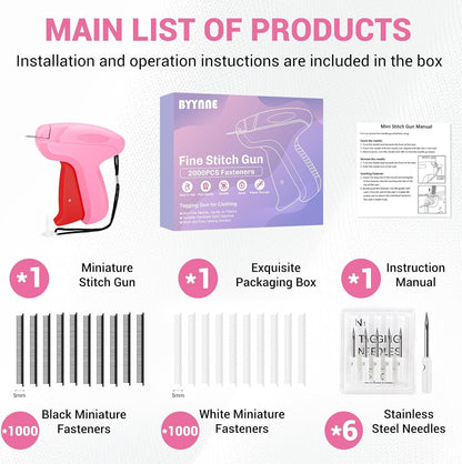 Stitch Gun for Clothes - Handheld Quick Clothing Fixer - Tagging Gun for Clothing, Sewing Kit - Includes 6 Fine Needles, 1000 White & 1000 Black Fasteners (Pink Red)