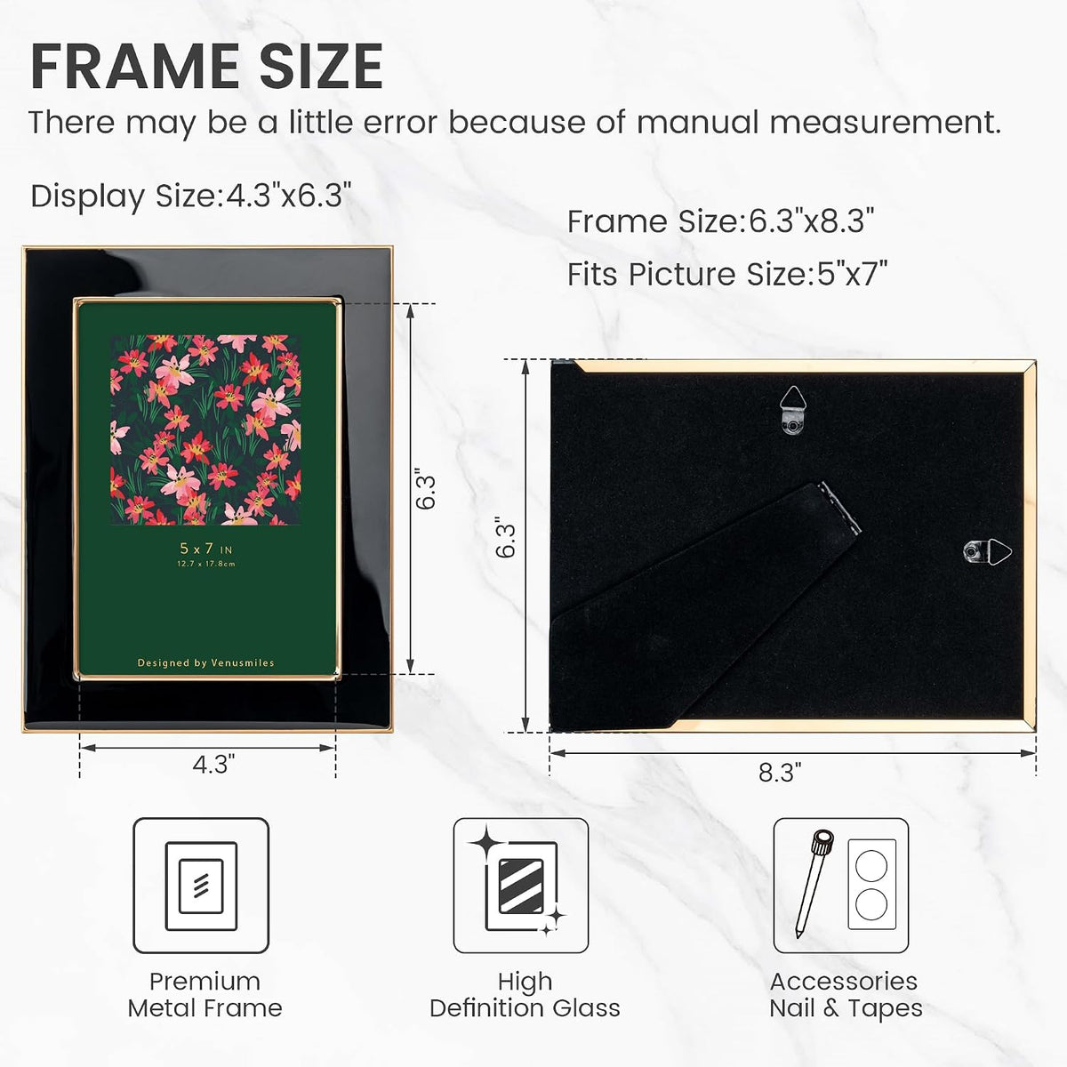 5x7 Enamel Picture Frame, Gold Edge, Pink Enamel, Tabletop & Wall, 1pc