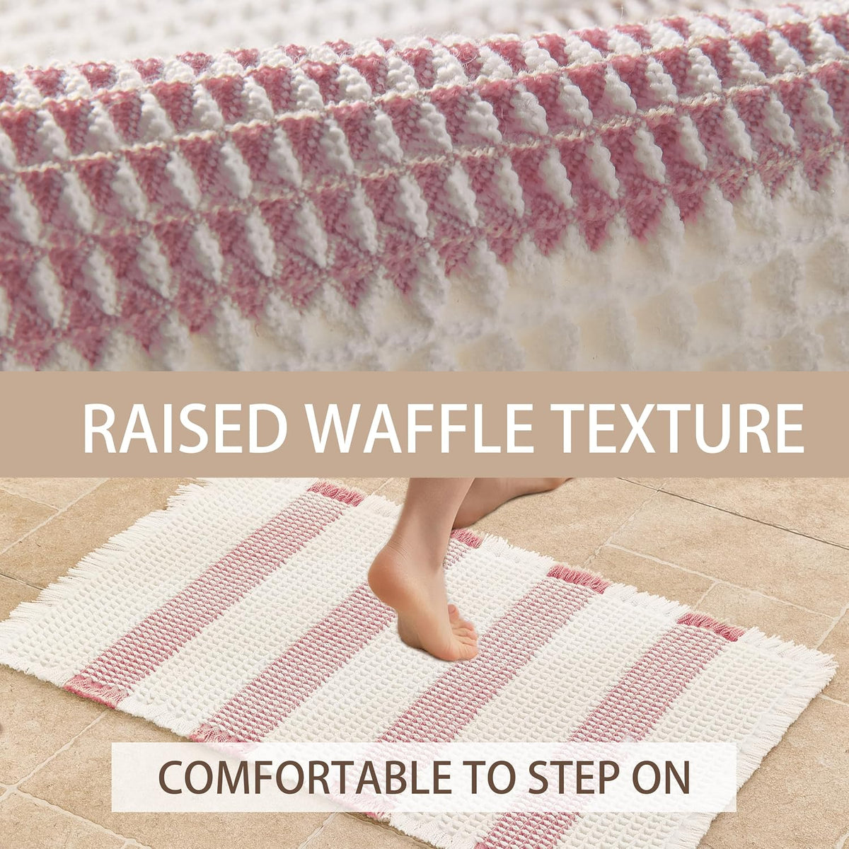 Waffle Bath Mat Non Slip, Boho Bathroom Rug, White/Pink, 20"x32"