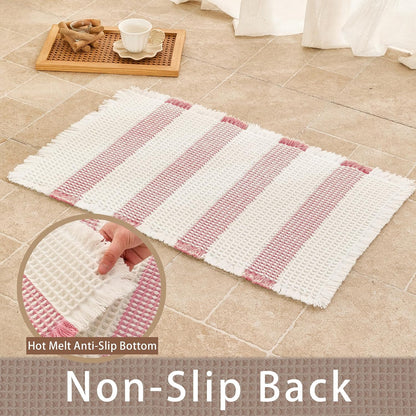 Waffle Bath Mat Non Slip, Boho Bathroom Rug, White/Pink, 20"x32"
