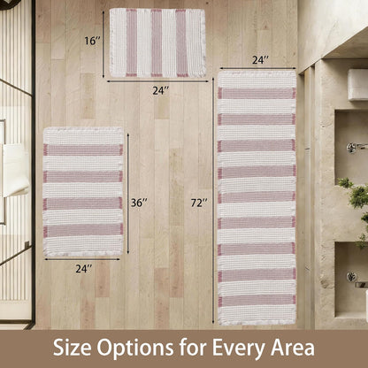 Waffle Bath Mat Non Slip, Boho Bathroom Rug, White/Pink, 20"x32"