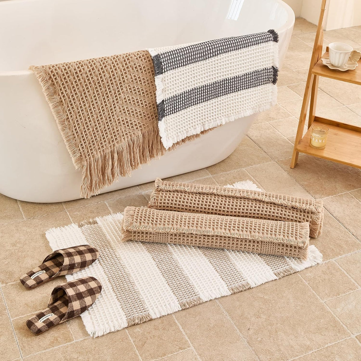 Waffle Bath Mat Non Slip, Boho Bathroom Rug, White/Pink, 20"x32"