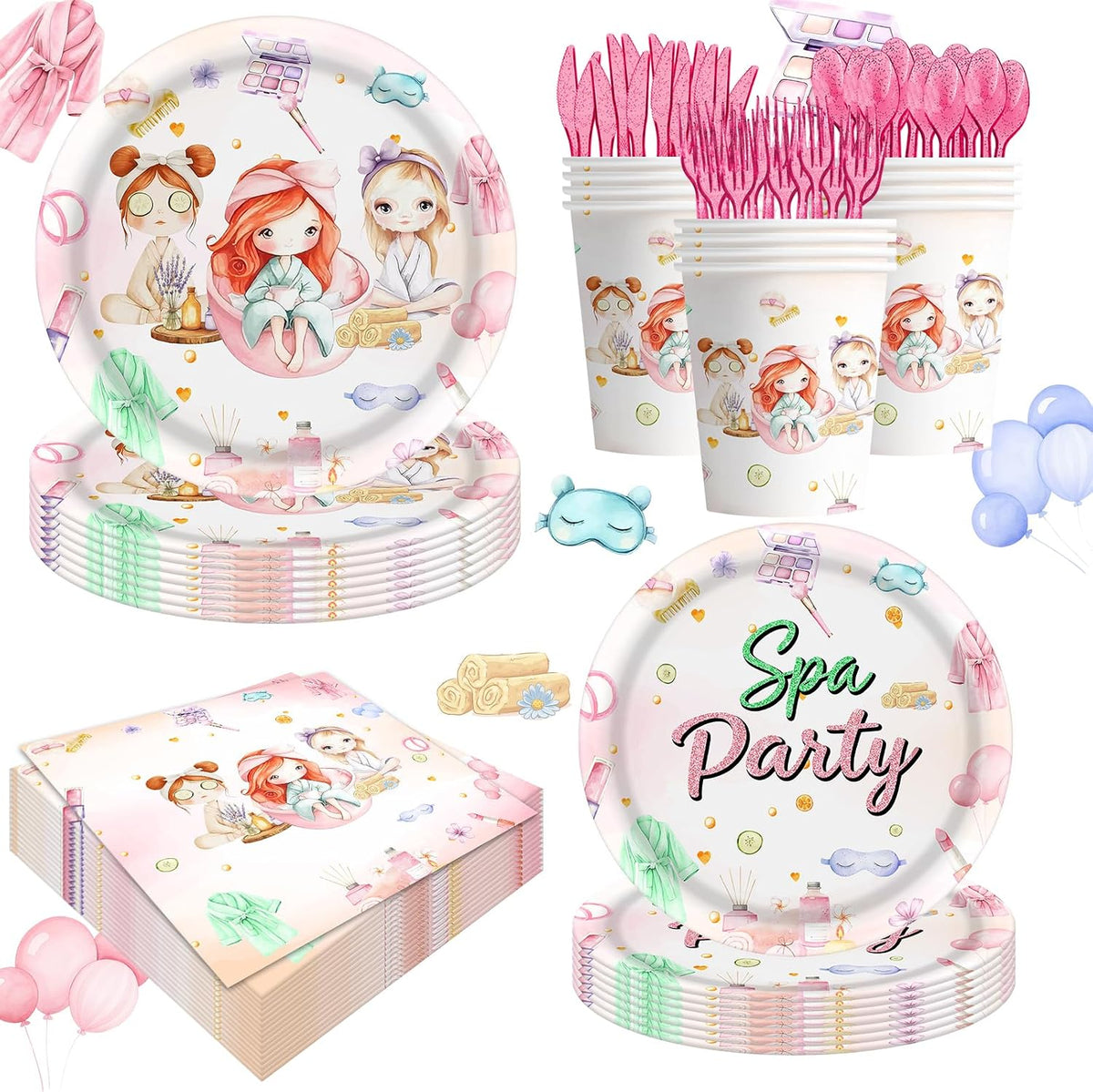 140PCS Spa Party Supplies Pink Makeup Themed Birthday Party Decorations for Girls Child Kids Slumber Sleepover Pajama Tableware Set Plates Napkins Cups Forks Knives for 20 Guests