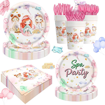 140PCS Spa Party Supplies Pink Makeup Themed Birthday Party Decorations for Girls Child Kids Slumber Sleepover Pajama Tableware Set Plates Napkins Cups Forks Knives for 20 Guests