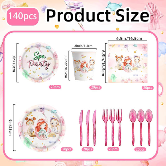 140PCS Spa Party Supplies Pink Makeup Themed Birthday Party Decorations for Girls Child Kids Slumber Sleepover Pajama Tableware Set Plates Napkins Cups Forks Knives for 20 Guests