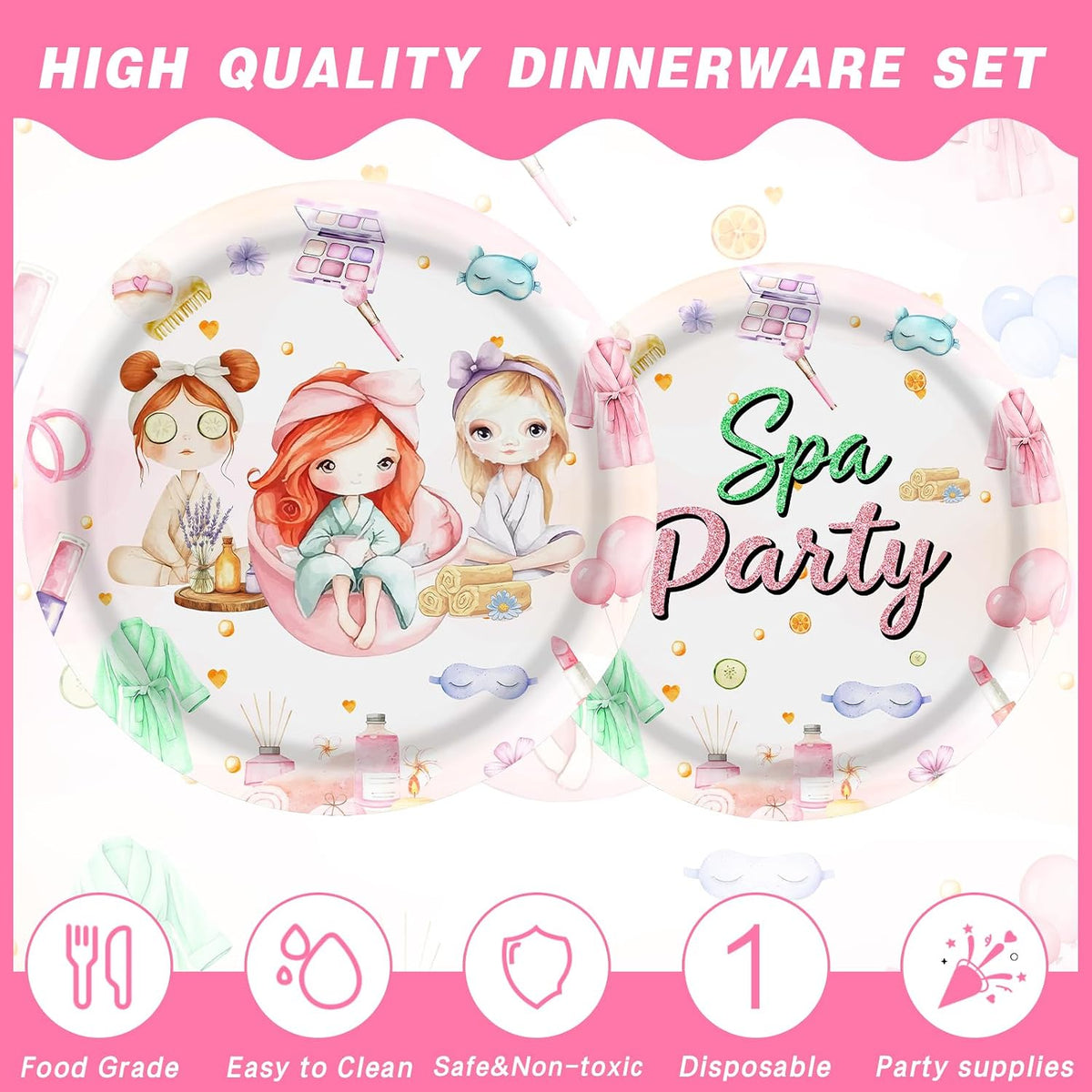 140PCS Spa Party Supplies Pink Makeup Themed Birthday Party Decorations for Girls Child Kids Slumber Sleepover Pajama Tableware Set Plates Napkins Cups Forks Knives for 20 Guests