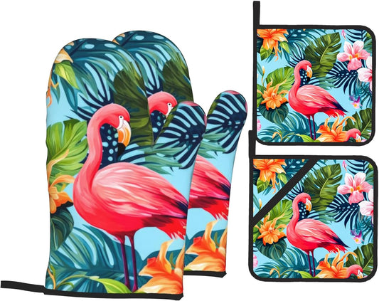 Pink Flamingo Oven Mitts and Heat Resistant Pads - Heat Resistant Gloves Potholder Set of 4 for Cooking, BBQ, Gifts for Women