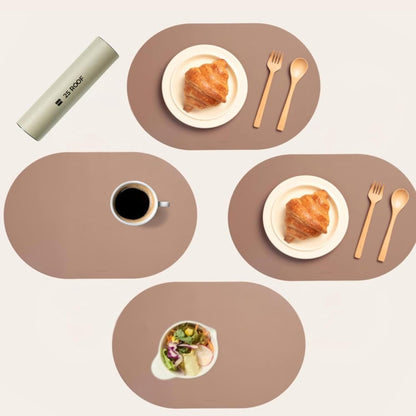 Oval Silicone Placemats – Heat Resistant, Waterproof, Easy to Clean Non-Slip Modern Dining Table Mats – Premium Leather Textured Japandi Kitchen Decor (4, Rosey Clay, Without Coasters)