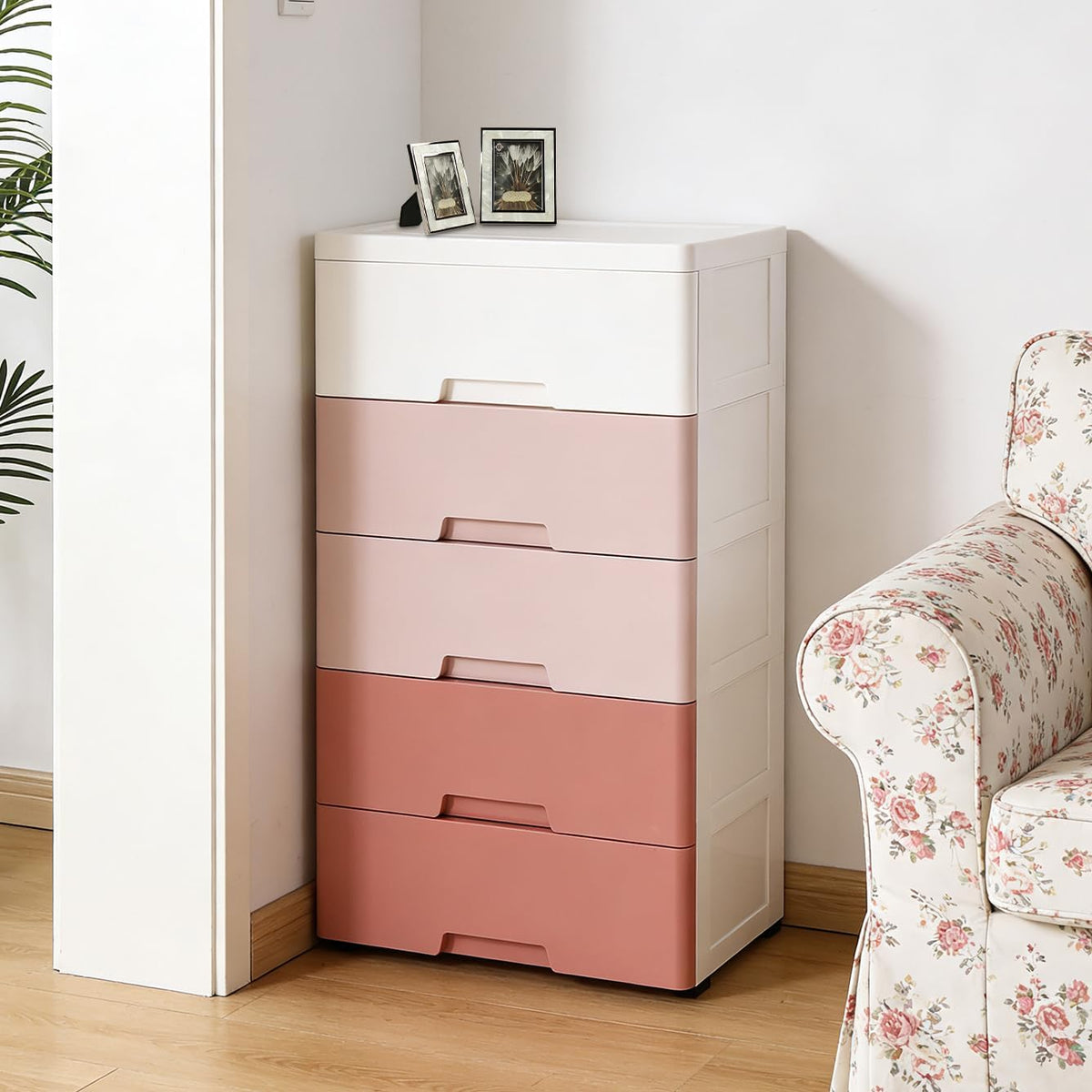 Small 5 Drawer Storage Cabinet with Wheels,Plastic Drawers Dresser,5 Tier Storage Cabinet for Living Room,Kitchen,Pink