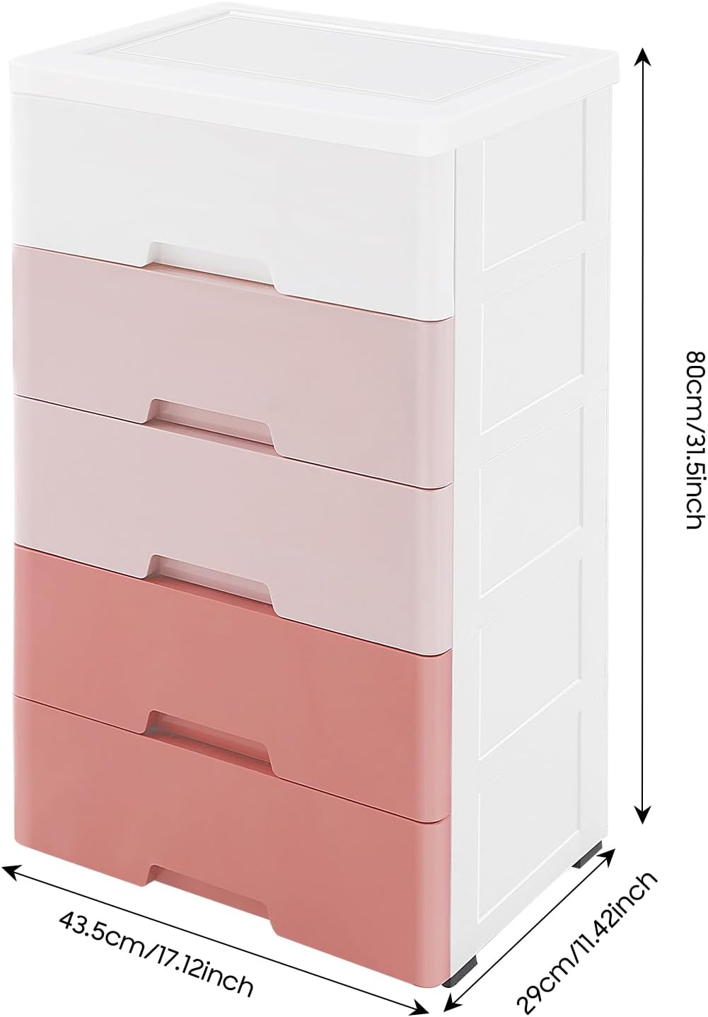 Small 5 Drawer Storage Cabinet with Wheels,Plastic Drawers Dresser,5 Tier Storage Cabinet for Living Room,Kitchen,Pink