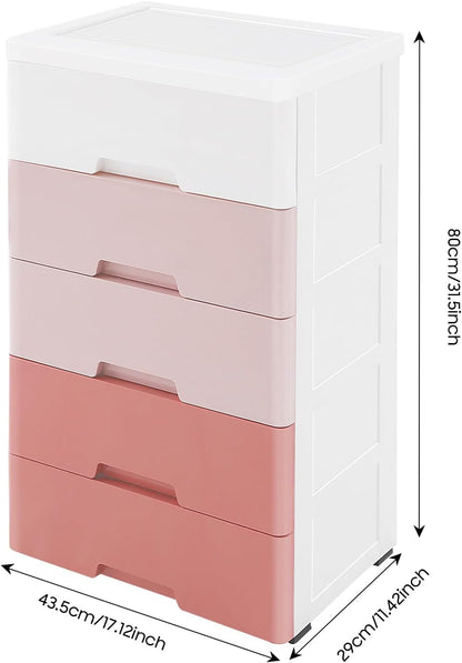 Small 5 Drawer Storage Cabinet with Wheels,Plastic Drawers Dresser,5 Tier Storage Cabinet for Living Room,Kitchen,Pink