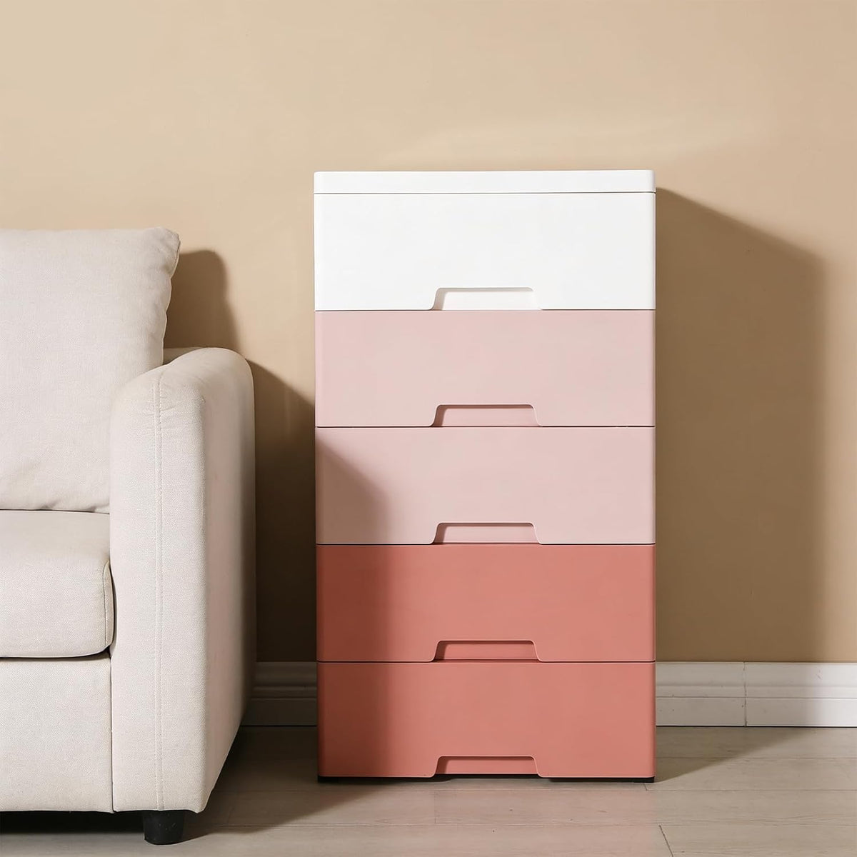 Small 5 Drawer Storage Cabinet with Wheels,Plastic Drawers Dresser,5 Tier Storage Cabinet for Living Room,Kitchen,Pink