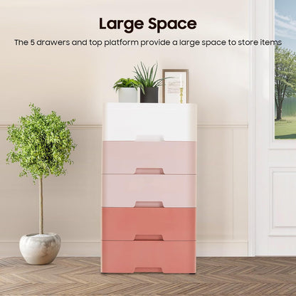 Small 5 Drawer Storage Cabinet with Wheels,Plastic Drawers Dresser,5 Tier Storage Cabinet for Living Room,Kitchen,Pink