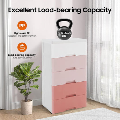 Small 5 Drawer Storage Cabinet with Wheels,Plastic Drawers Dresser,5 Tier Storage Cabinet for Living Room,Kitchen,Pink