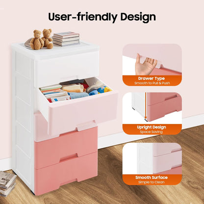Small 5 Drawer Storage Cabinet with Wheels,Plastic Drawers Dresser,5 Tier Storage Cabinet for Living Room,Kitchen,Pink
