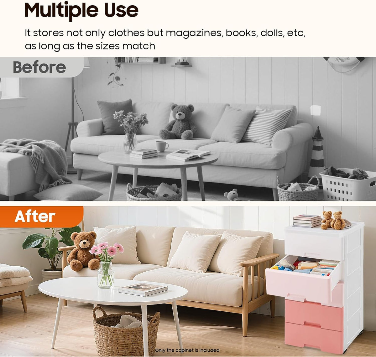 Small 5 Drawer Storage Cabinet with Wheels,Plastic Drawers Dresser,5 Tier Storage Cabinet for Living Room,Kitchen,Pink