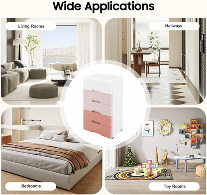 Small 5 Drawer Storage Cabinet with Wheels,Plastic Drawers Dresser,5 Tier Storage Cabinet for Living Room,Kitchen,Pink