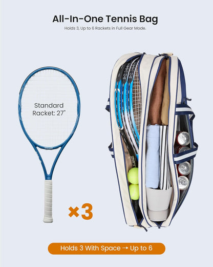 Quilted Tennis Bag for Women & Men, Holds 3‑6 Tennis Rackets