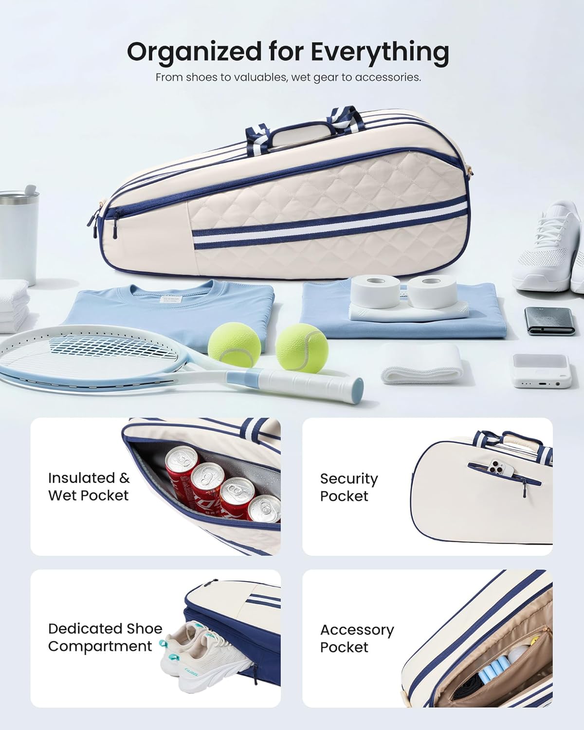 Quilted Tennis Bag for Women & Men, Holds 3‑6 Tennis Rackets