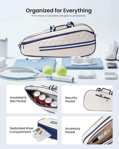 Quilted Tennis Bag for Women & Men, Holds 3‑6 Tennis Rackets