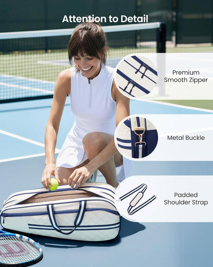 Quilted Tennis Bag for Women & Men, Holds 3‑6 Tennis Rackets