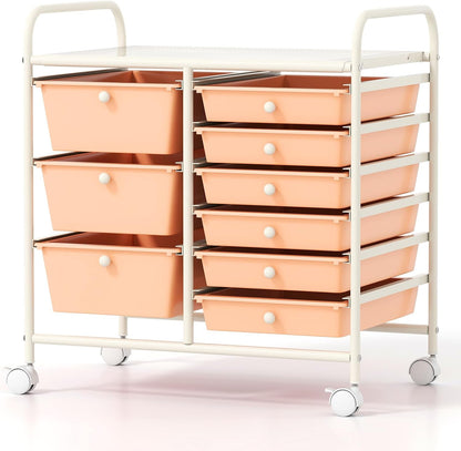 Rolling Storage Cart with 9 Drawer, Utility Cart with Metal Frame