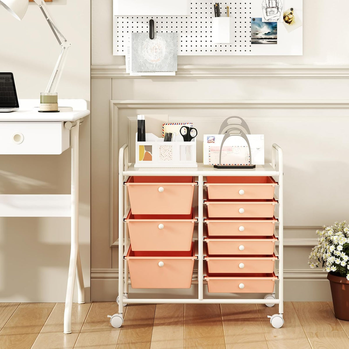 Rolling Storage Cart with 9 Drawer, Utility Cart with Metal Frame